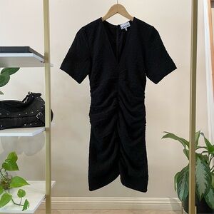 Ganni Black Floral Textured Ruched Front Mini Dress